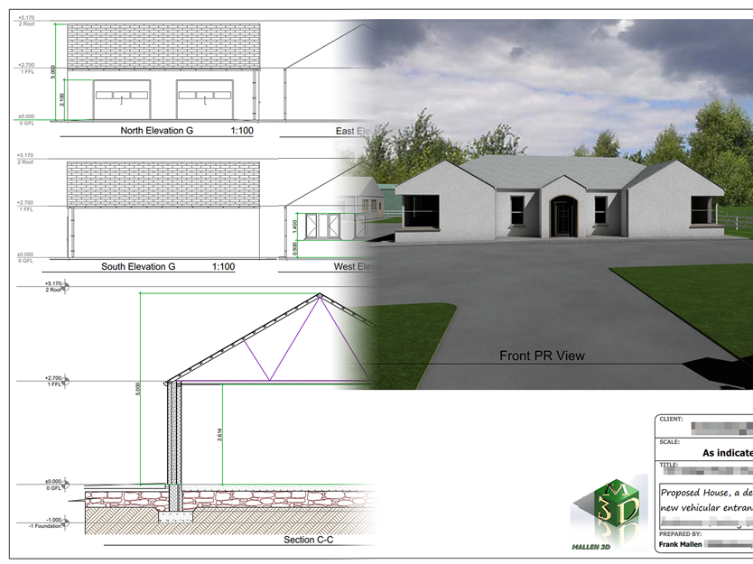 Planning drawing and 3D Photo realistic view of house